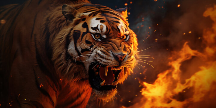 Blazing Tiger Majesty: A Horizontal Fantasy Poster Enveloped in Ashes, Embers, and Flames against a Black Background. Explore a World of Fiery Fantasy Beasts as a Poignant Allegory for Climate Change