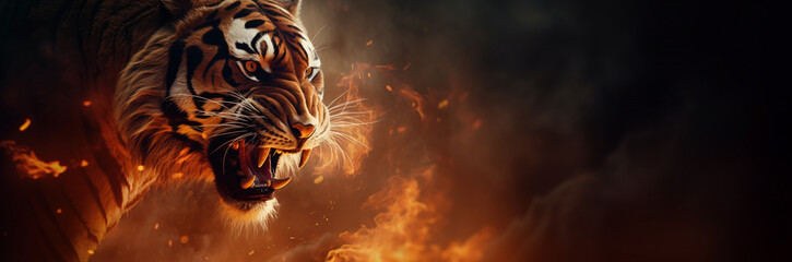 Flaming tiger fantasy horizontal poster. Ashes, embers and flames. Black background. Fiery fantasy wild animal collection. Climate change and global warming concept. Extinction concept.