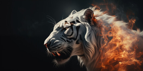 Searing Spectacle: Fantasy Poster Featuring a Flaming White Albino Tiger Amidst Ashes, Embers, and Flames Against a Black Background. An Artistic Rendition of Climate Change, Global Warming.