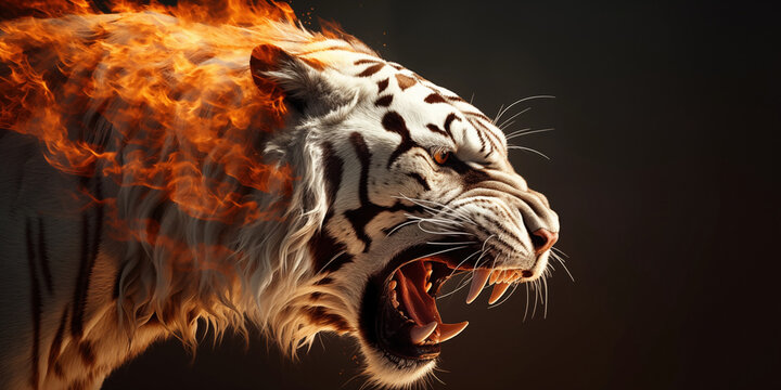 Inferno Elegance: Albino Tiger Fantasy Horizontal Poster with Ashes, Embers, and Flames Illuminating a Black Canvas. Dive into a World of Fiery Fantasy Wildlife, Reflecting Climate Change.
