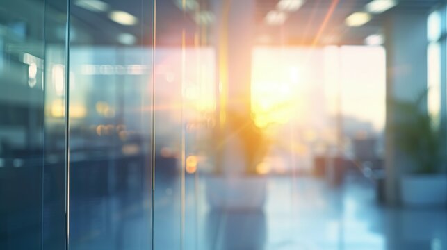 Beautiful blurred background of a light modern office interior with panoramic windows and beautiful lighting.