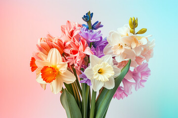 A Symphony of Spring: Elegant Bouquet of Daffodils and Hyacinths Against a Soft Pastel Gradient