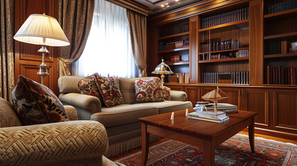 Uma biblioteca doméstica de estilo de transição com uma mistura de elementos tradicionais e contemporâneos, incluindo tons de madeira rica, assentos confortáveis e uma mistura de peças de decoração