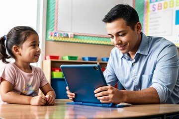 a teacher teaching a child in a class using tablet to show