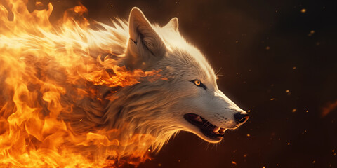 Enigmatic Ivory Wolf Fantasy Poster: Ashen Embers and Infernos on a Dark Canvas. A Collection of Fantastical Wild Beasts in Flames. Symbolizing Climate Change and the Specter of Extinction.