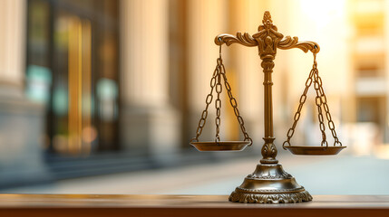 Scales of justice on a wooden table. Law and justice concept.