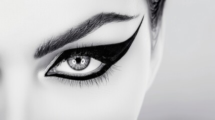 Dramatic cat-eye eyeliner and mascara framing expressive eyes on a captivating face against a plain white background