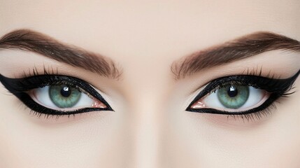 Dramatic cat-eye eyeliner and mascara framing expressive eyes on a captivating face against a plain white background
