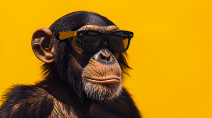 Portrait of a chimpanzee with sunglasses, yellow background - obrazy, fototapety, plakaty