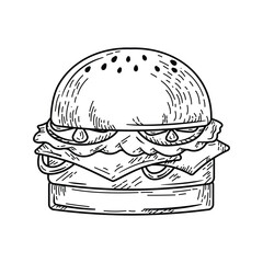 Illustration vector graphic of delicious floating hamburger, with flying ingredients isolated on white background, outline book coloring children design style