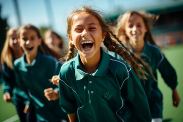 A group of schoolchildren in green tracksuits laugh. The joy of victory. The guys are cheering for their team - obrazy, fototapety, plakaty
