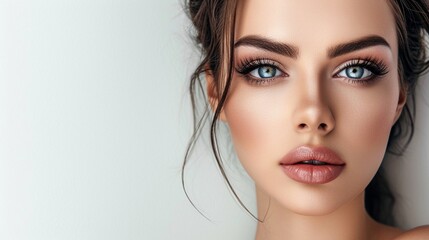 Elegant and sophisticated makeup highlighting the contours and features of a beautiful face on a white backdrop - obrazy, fototapety, plakaty