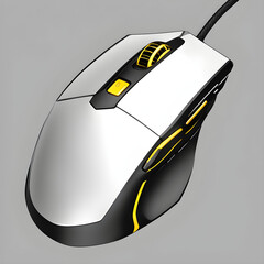White and black gaming mouse isolated on white background, yellow details