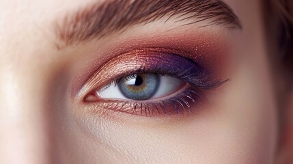 Gradient shades of eyeshadow forming a mesmerizing and seamless transition on a girl's eye lids against a neutral white background