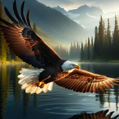  Majestic Bald Eagle Descent from the Sky Soaring in Flight Aiming Fishing Flying Swoops Down Talons Extended Over Water Preys on Looking for & Catches Snatches a Large Fish from Lake or Sea Precision © Frank