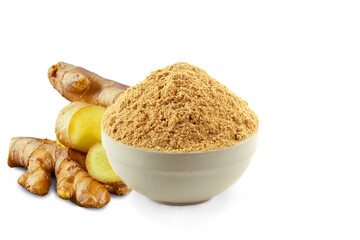  Fresh raw ginger root or rhizome with ginger powder in bowl isolated cut out on transparent background,PNG format