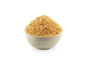  Fresh raw ginger root or rhizome ginger powder in bowl isolated cut out on transparent background,PNG format