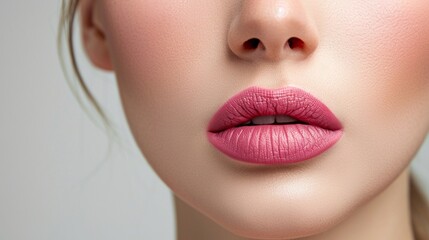rose pink lipstick on beautiful face against a plain white background 