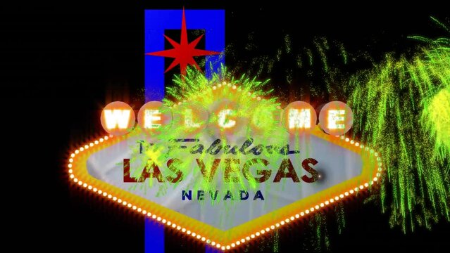 Animation of welcome to las vegas neon sign and fireworks on black background