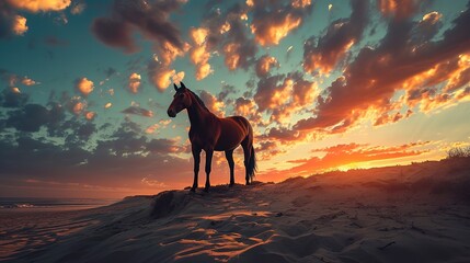 A brown horse standing on top of a sandy beach under a cloudy blue and orange sky with a sunset. Ai generative - Powered by Adobe