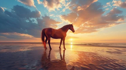 Foto op Plexiglas Strand zonsondergang A brown horse standing on top of a sandy beach under a cloudy blue and orange sky with a sunset. Ai generative
