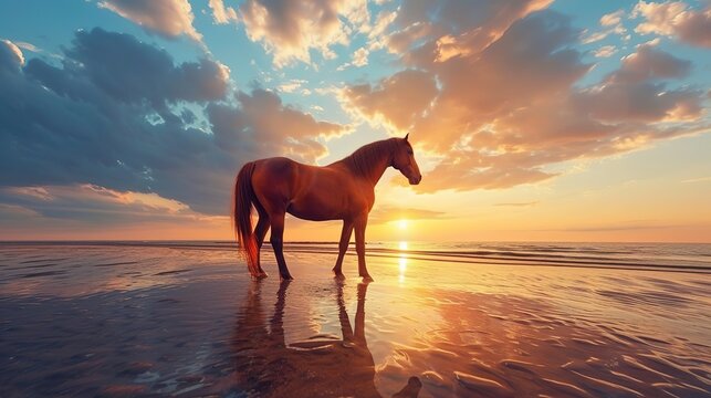 A brown horse standing on top of a sandy beach under a cloudy blue and orange sky with a sunset. Ai generative