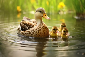 A female duck with her ducklings swimming in a pond. Generative AI - obrazy, fototapety, plakaty
