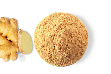  Fresh raw ginger root or rhizome with ginger powder isolated cut out on transparent background,PNG...