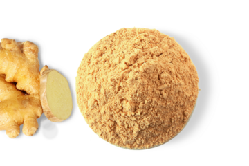  Fresh raw ginger root or rhizome with ginger powder isolated cut out on transparent background,PNG format,top view