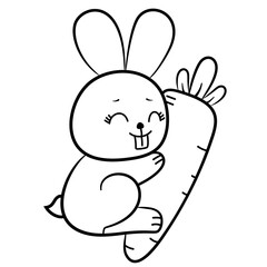 Cute rabbit holding a carrot cartoon line art illustration vector isolated on white background