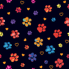 Rainbow animal paw print trails with hearts on a black background. Silhouettes of cat, dog footprint. Brushstroke vector illustration.
