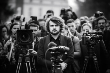 GROUP OF JOURNALISTS AND THEIR CAMERAS, WORKING OUTDOORS.