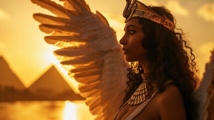 A Girl in the Style Isis Egyptian Goddess of Magic - An Ethereal depiction of Isis with Elegant Wings set against a Backdrop of the Nile and Pyramids at Sunset created with Generative AI Technology - obrazy, fototapety, plakaty