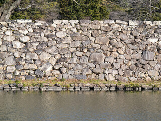 彦根城の石垣と中堀。滋賀県道25号彦根近江八幡線から12月に撮影。
