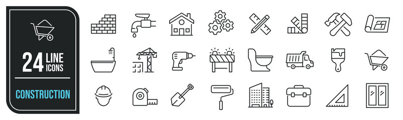 Construction simple minimal thin line icons. Related builder, renovation, engineering, architect. Editable stroke. Vector illustration.