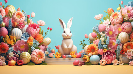 Fototapeta na wymiar Easter banner. Easter bunny with colorful eggs and spring flowers. 