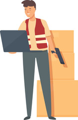 Storekeeper laptop box check icon cartoon vector. Deliver laborer. Parcel service