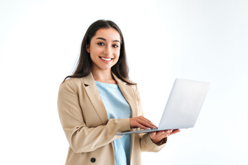 Business concept. Beautiful confident indian or arabian business woman, office worker in elegant...