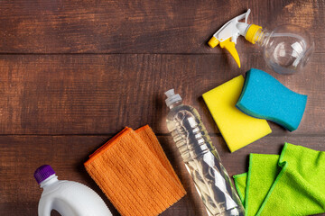 Cleaning products. Sponge, detergent, disinfectant, spray bottle and cloth for household cleaning.