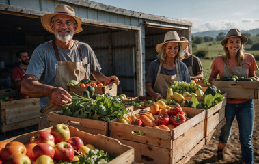 A local agriculture food co-op farm. Members are carrying home boxes with the week's fresh, seasonal produce. Supporting local farms and farmers.