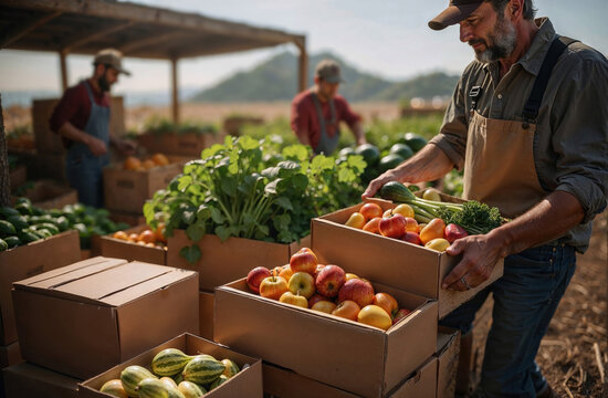 A local agriculture food co-op farm. Members are carrying home boxes with the week's fresh, seasonal produce. Supporting local farms and farmers.