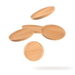 Falling wooden plate isolated on white background.