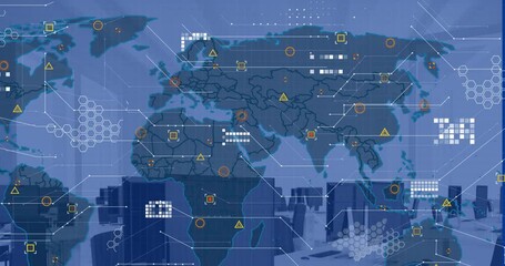Animation of financial data processing and world map over office with computers on desks