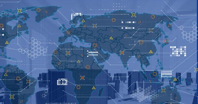 Animation of financial data processing and world map over office with computers on desks