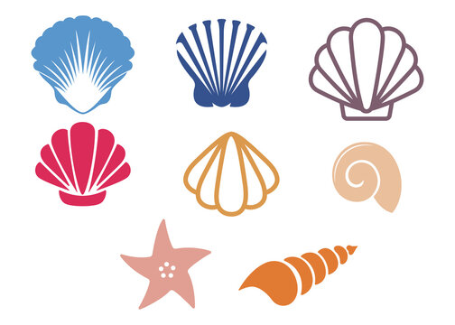 icon set of various sea creatures, seashells, starfish, coral, seaweed, and tropical fish, flat design illustration 