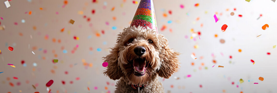 Joyful Labradoodle Dog in Party Hat Celebrating Birthday with Confetti, A Picture of Pure Happiness