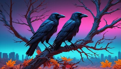 A few crows fell on a withered tree in the autumn. Generative AI