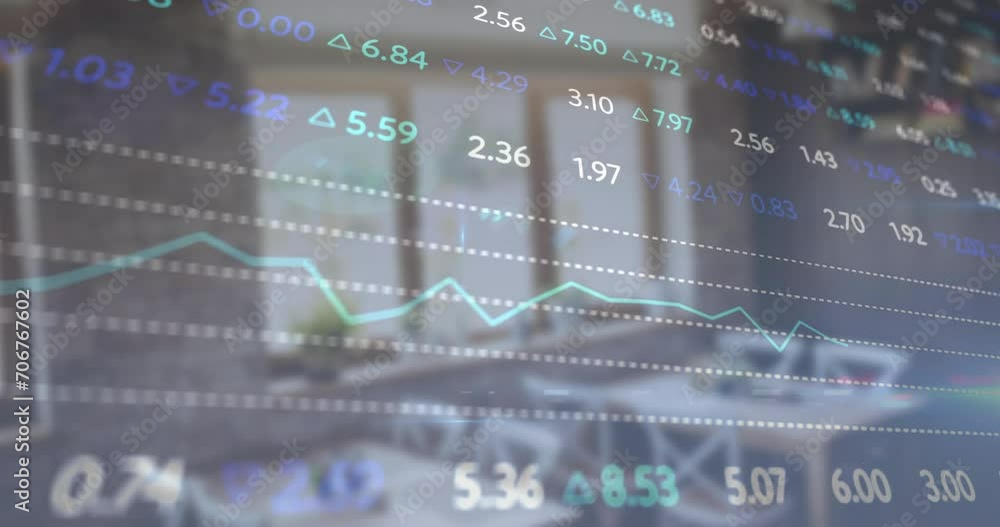 Poster animation of financial data processing over room with tables