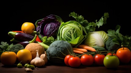 A variety of fresh vegetables stacked on top of a table waiting to be used in a meal. Still life of fresh produce from a local farmers' market.