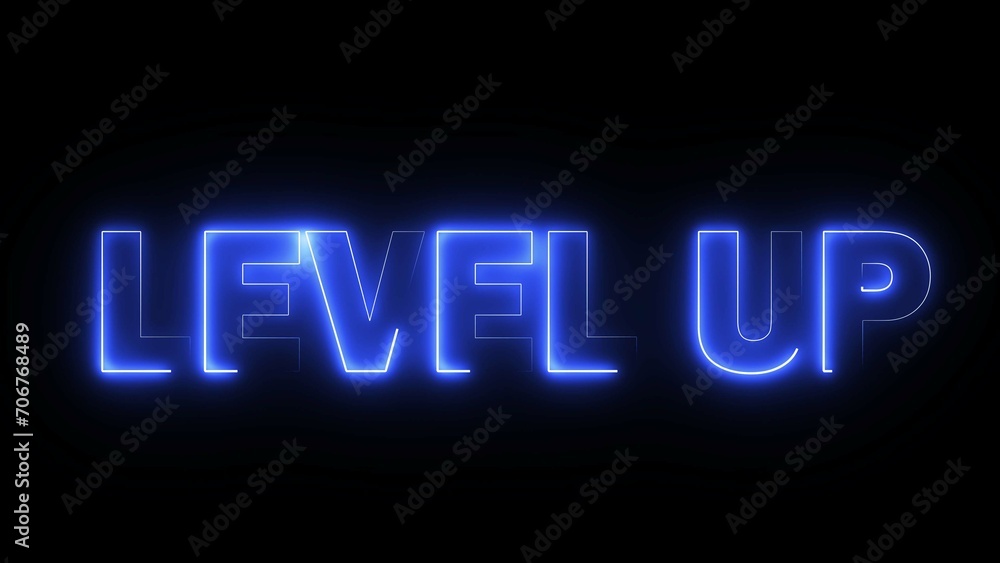 Poster level up text font with neon light. luminous and shimmering haze inside the letters of the text leve